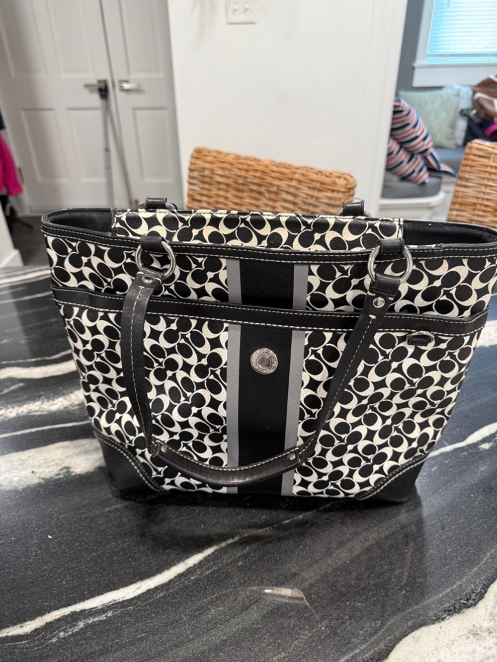 Coach Black & White Signature Stripe Tote
